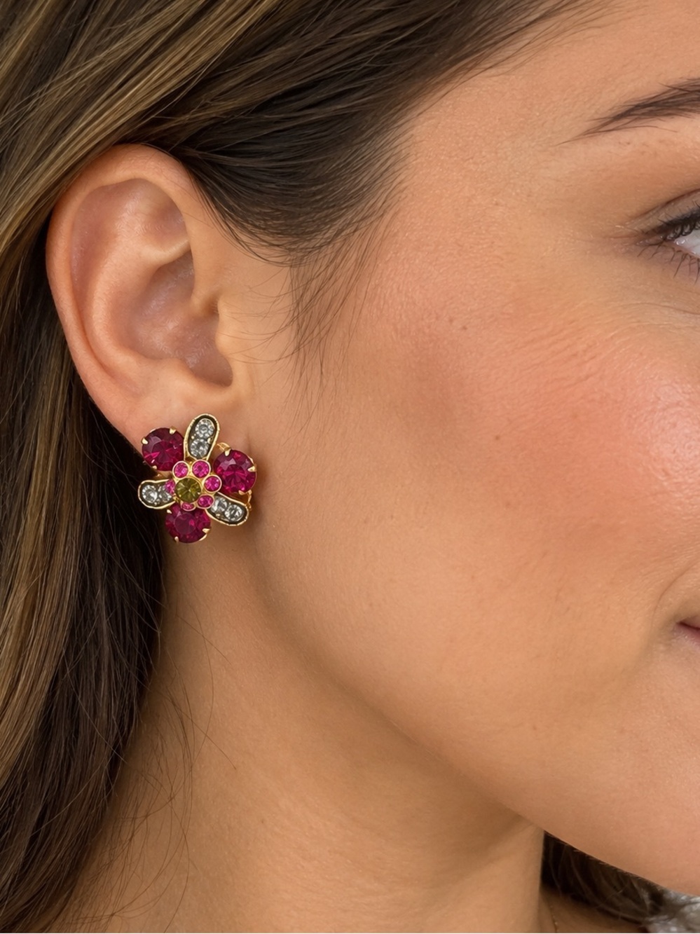 Gold Flower Crystal Earrings in Pink, Clip On